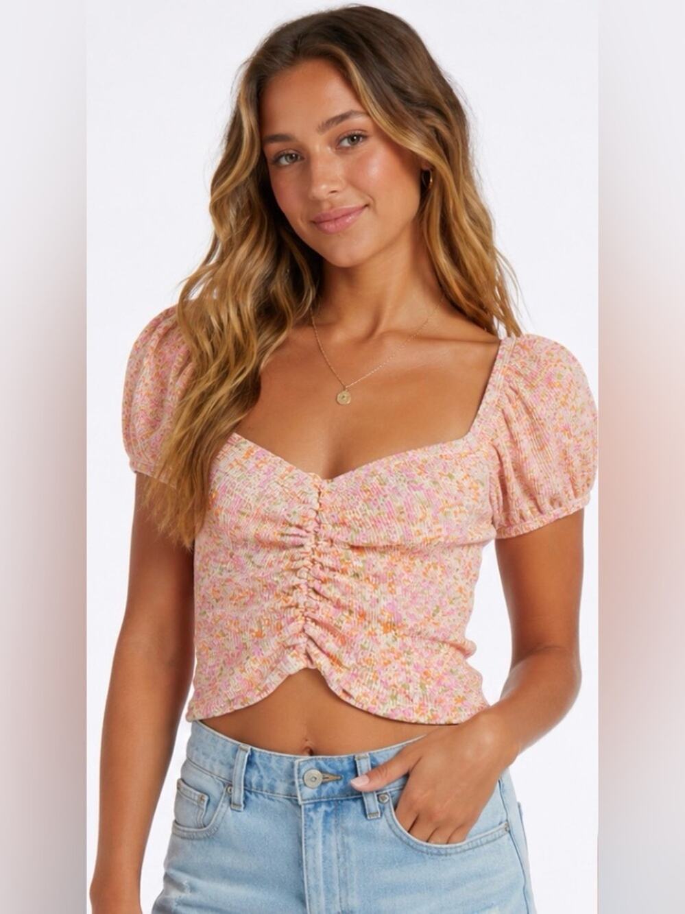 Billabong Floral Puff Sleeve Smocked Crop Top Size Medium